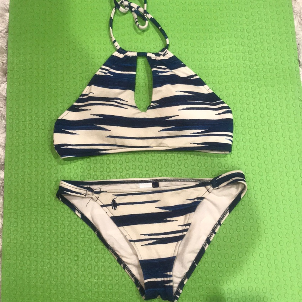 Blue and white halter top bathing suit